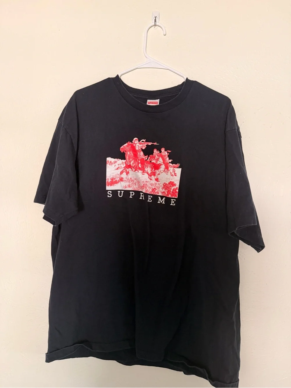 Supreme Black Tee with Red Graphic Cavalry Print
